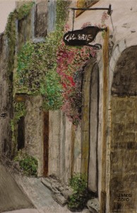 Painting of a medieval street with a gallery sign