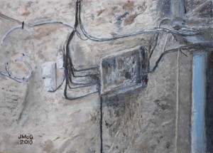 Painting showing wires and a downpipe