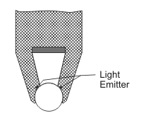 Line diagram of a pen with an internal light emitter above a light permeable ball