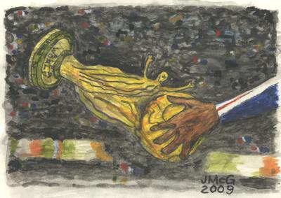 Painting showing a hand touching the football that is part of the World Cup trophy
